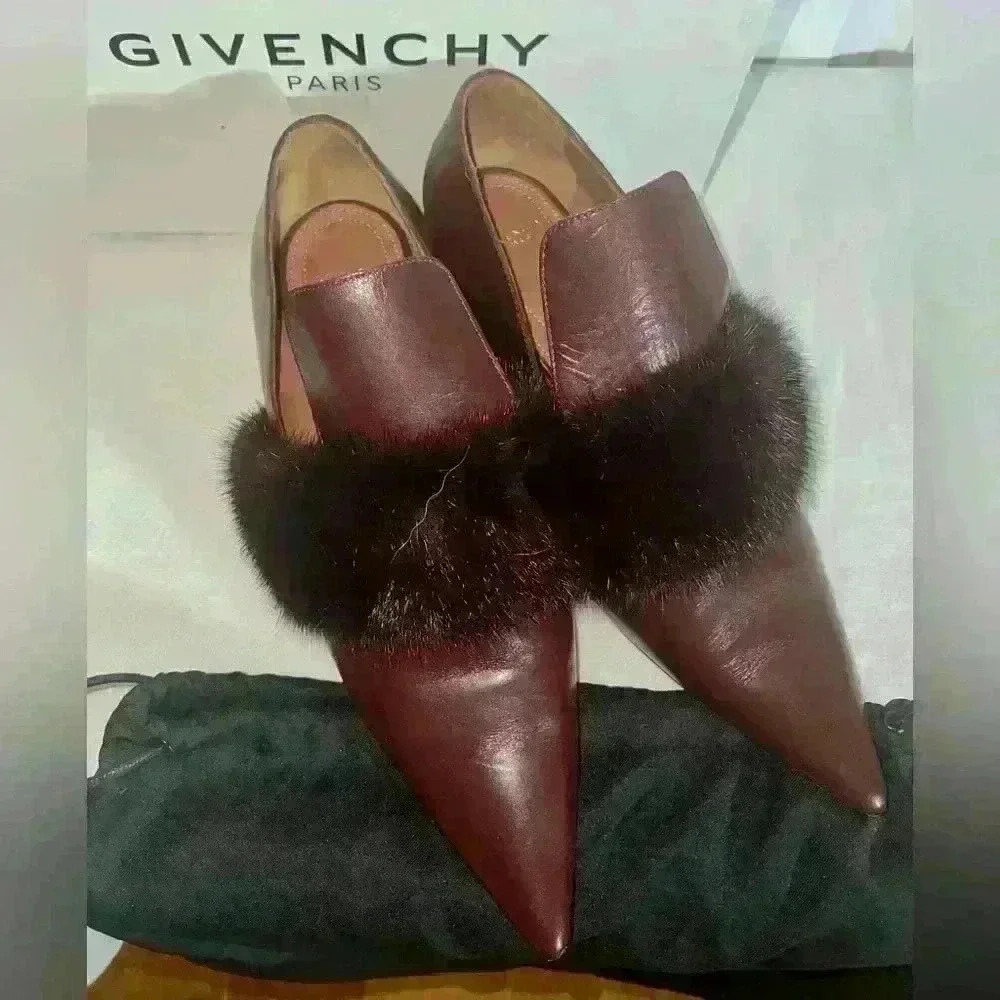 Givenchy Burgundy Leather Pointed Toe   Mink - Fur Trim Pumps